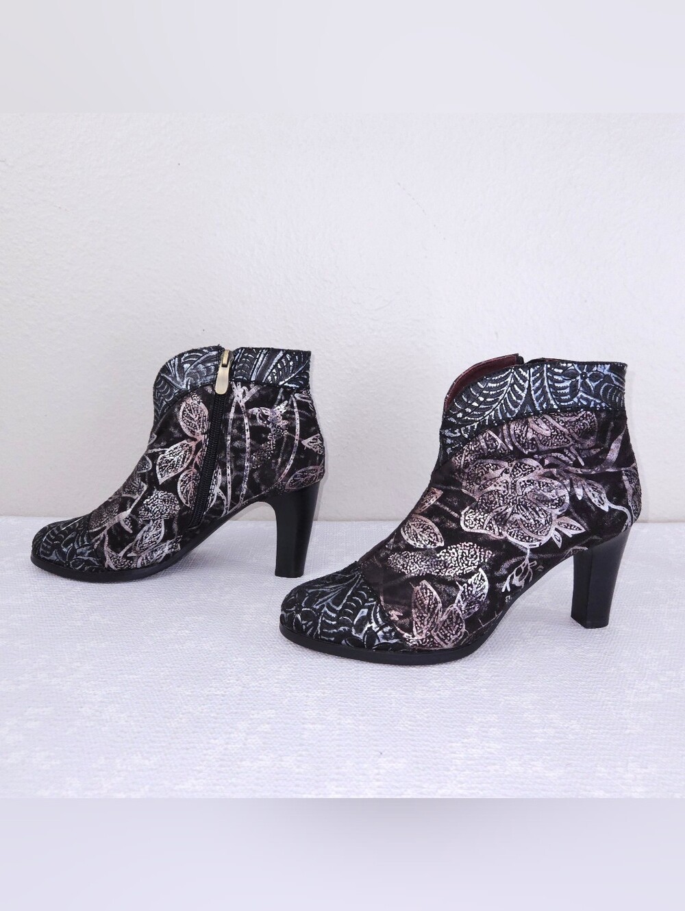L'Artiste Lidia Metallic Floral Leather Booties Heeled Boots Spring Step